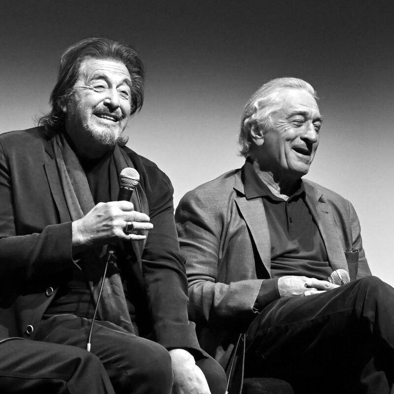 The Irishman: Al Pacino and Robert De Niro talk about the film in New York. Photograph: Dia Dipasupil/Getty