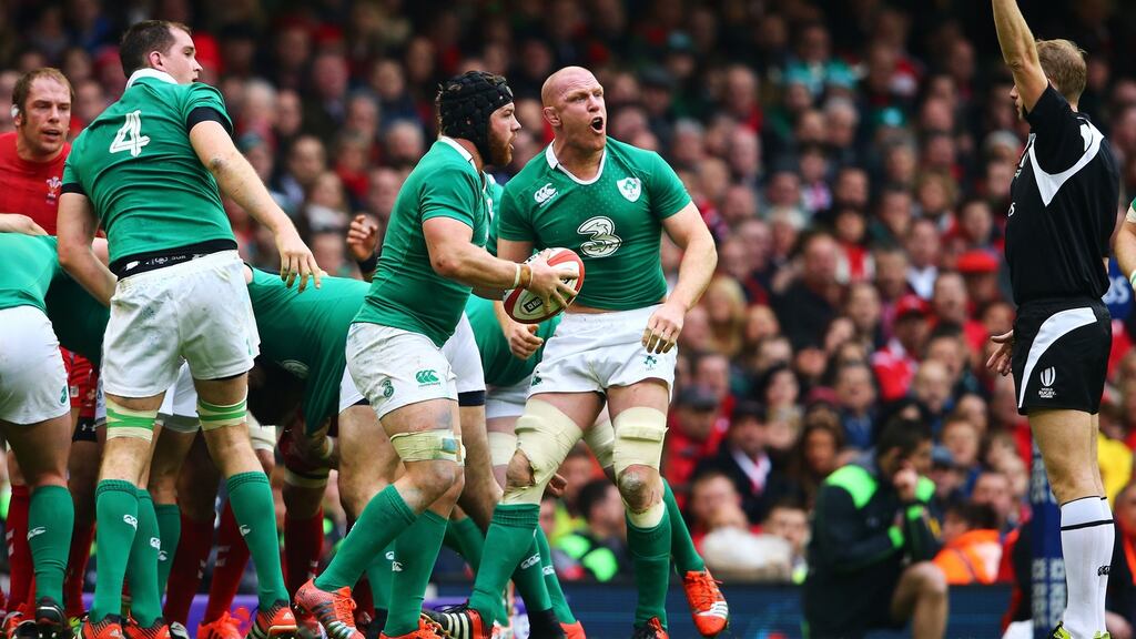 Ieland’s Devin Toner, Sean O’Brien and Paul O’Connell react to referee Wayne Barnes’ controversial late decision against the visitors in Cardiff in 2015. Photograph: Cathal Noonan/Inpho