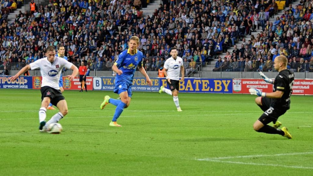 Dundalk’s David McMillan scores against BATE Borisov during the Champions League Second Qualifying Round 1st Leg in Belarus. Photograph: Sasha Milentey/Inpho