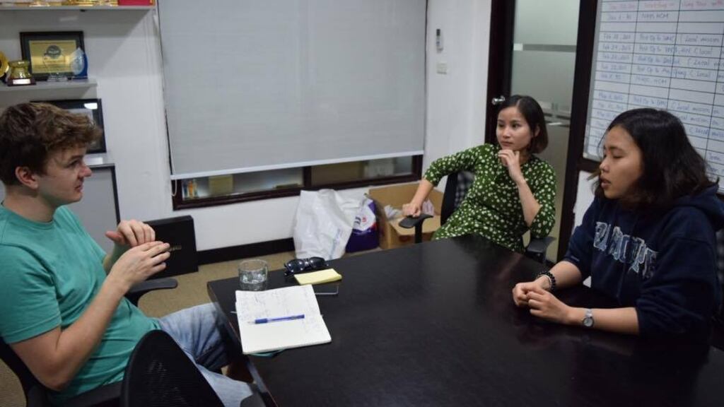 Reporter Darragh Murphy with Hao Nguyen and Bei Nguyen of Operation Smile in Hanoi. “We thought after a few years of our work, the backlog would decrease,” the latter says. “But it has increased.”