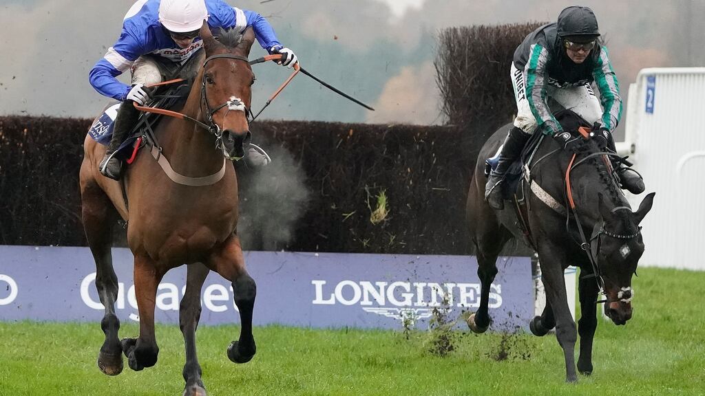 Cyrname (L) subjected Altior to a first defeat over jumps at Ascot. Both are still in contention for the King George. Photograph: Alan Crowhurst/Getty