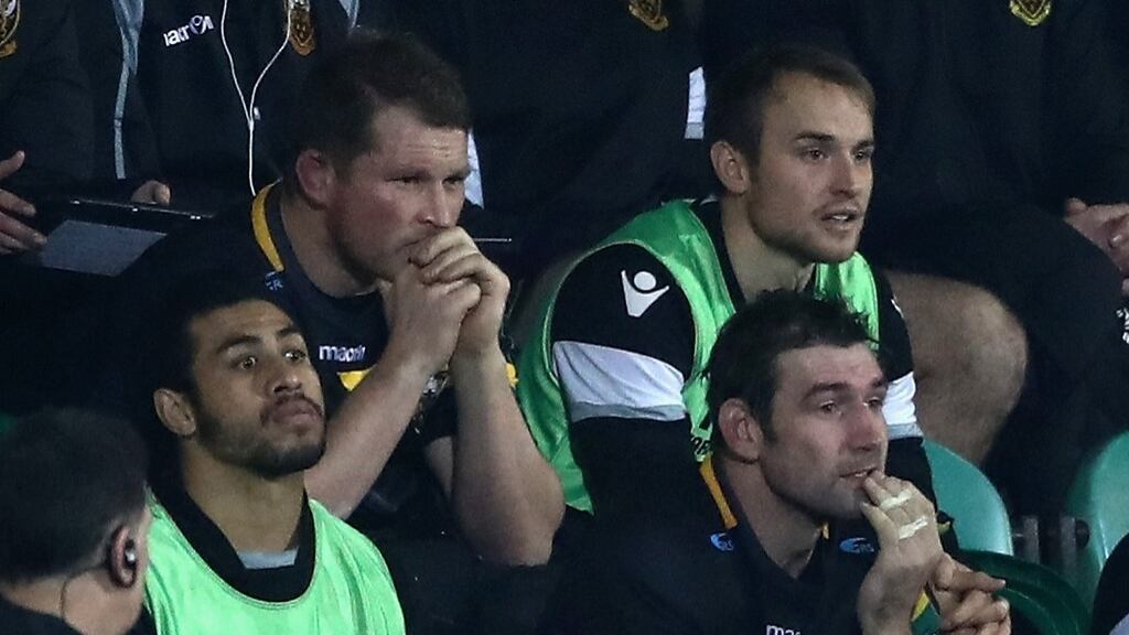 Dylan Hartley (top L) of Northampton looks on after being shown a red card by referee Jerome Garces during the European Rugby Champions Cup match between Northampton Saints and Leinster at Franklin’s Gardens. Photo: David Rogers/Getty Images