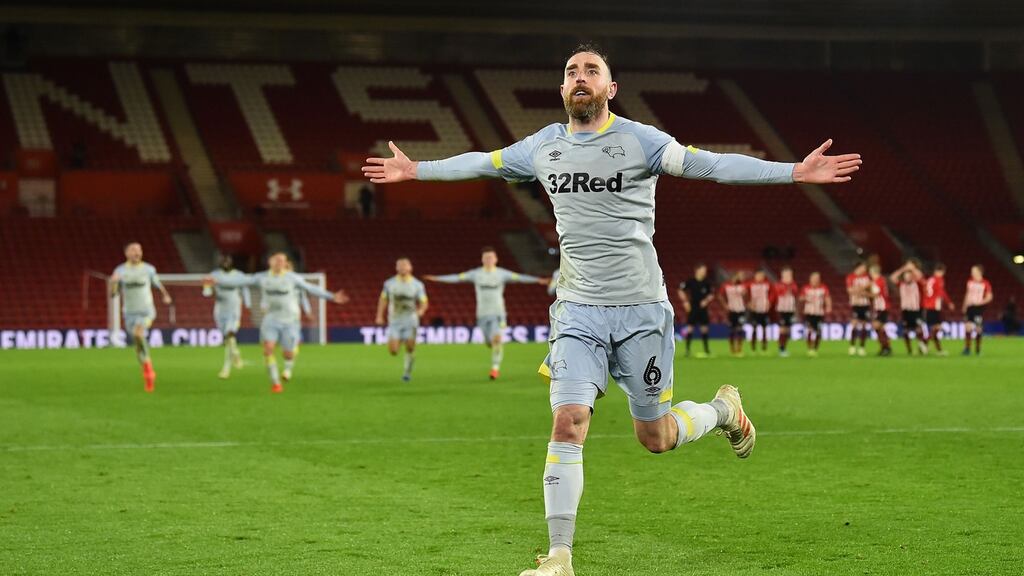 Derby County’s Richard Keogh celebrates after scoring the winning penalty in the shoot-out during the FA Cup third round replay between Southampton and Derby County at St Mary’s Stadium. Photo: Glyn Kirk/Getty Images