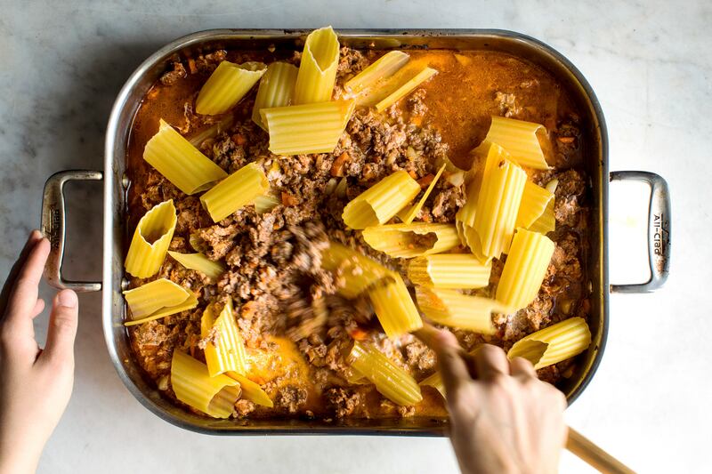 Yotam Ottolenghi’s one-pan pasta with harissa Bolognese. Photograph: Andrew Scrivani/New York Times