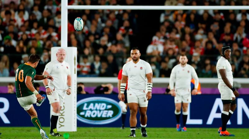 Handre Pollard slots a penalty for South Africa against England. Photograph: Odd Andersen/AFP/Getty