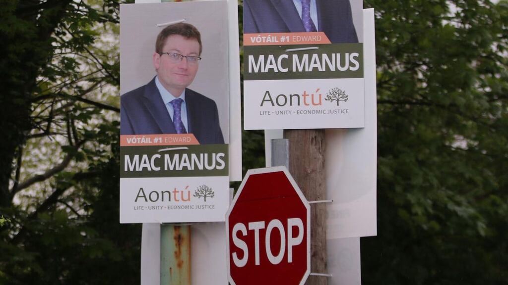 Edward McManus of  Aontú poster:  a moderate party with a social justice agenda being ignored by the media. Photograph: Nick Bradshaw