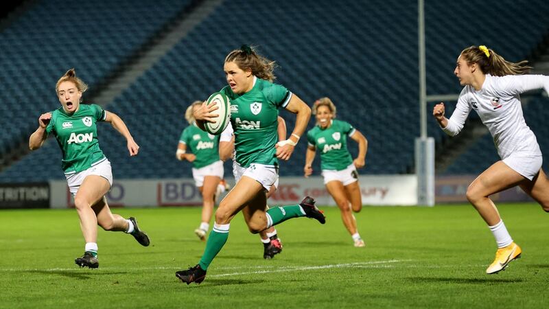 Beibhinn Parsons runs in Ireland’s first try during the autumn international against the USA at the RDS. Photograph: Dan Sheridan/Inpho