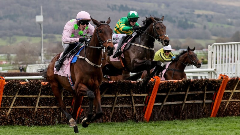 Mark Walsh onboard Brazil (right) comes home to win the Boodles Juvenile Handicap Photograph: Dan Sheridan/Inpho