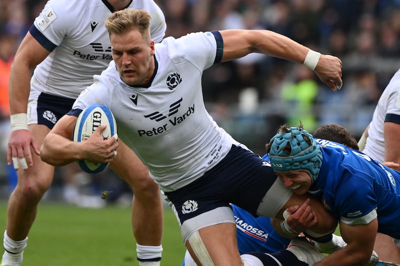 Scotland's wing Duhan Van Der Merwe. Photograph: Alberto Pizzoli/AFP via Getty