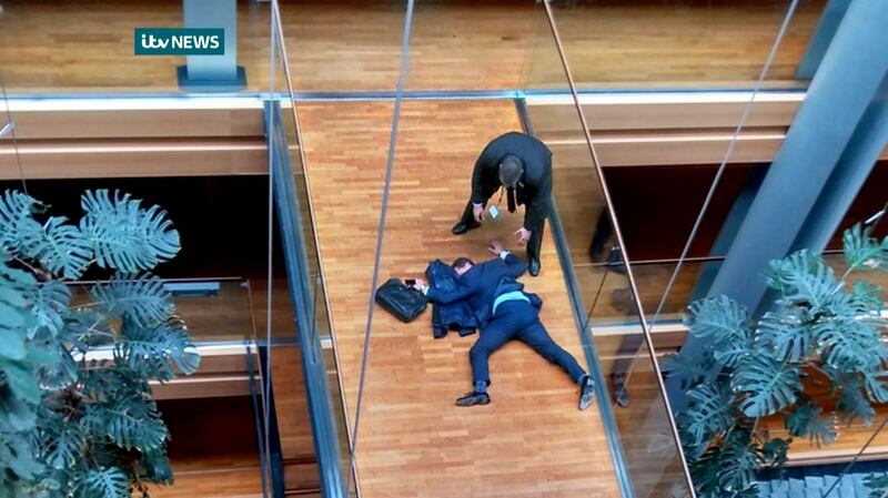 UK Independence Party MEP, Steven Woolfe, lying face-down on a walk-way inside the European Parliament building in Strasbourg in eastern France. File photograph: AFP Photo /ITV News