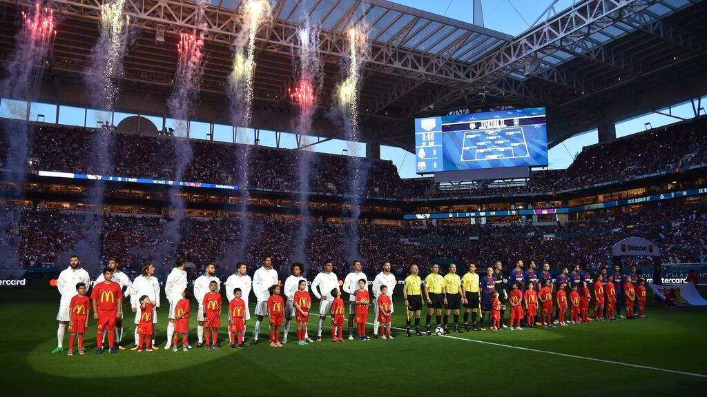 Real Madrid and Barcelona before their International Champions Cup football match at Hard Rock Stadium in Miami, Florida. Barcelona won 3-2. Photograph: Hector Retamal/AFP/Getty Images