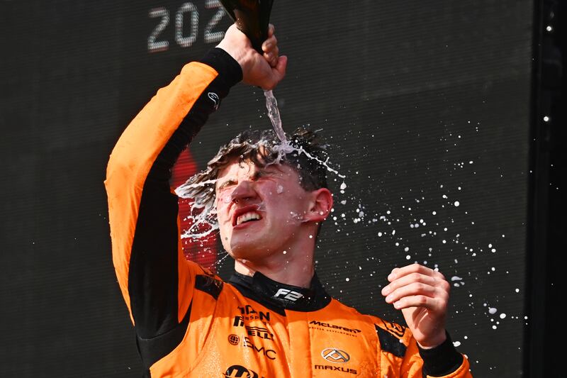 Alex Dunne celebrates his Formula Two victory in Bahrain in April. Photograph: James Sutton/Formula 1/Formula Motorsport Limited via Getty Images