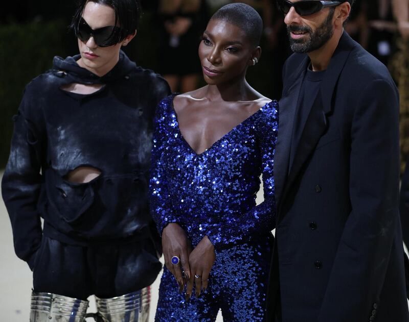 Michaela Coel dazzled in a bedazzled deep blue dress