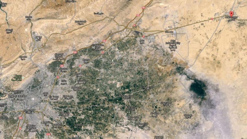 Syria’s State TV said Thursday’s mass abduction of 300 workers from the al-Badia Cement Company took place in Dumeir (above top right), an area near Damascus where militants launched a surprise attack against government forces earlier this week. Satellite image: Google Street View
