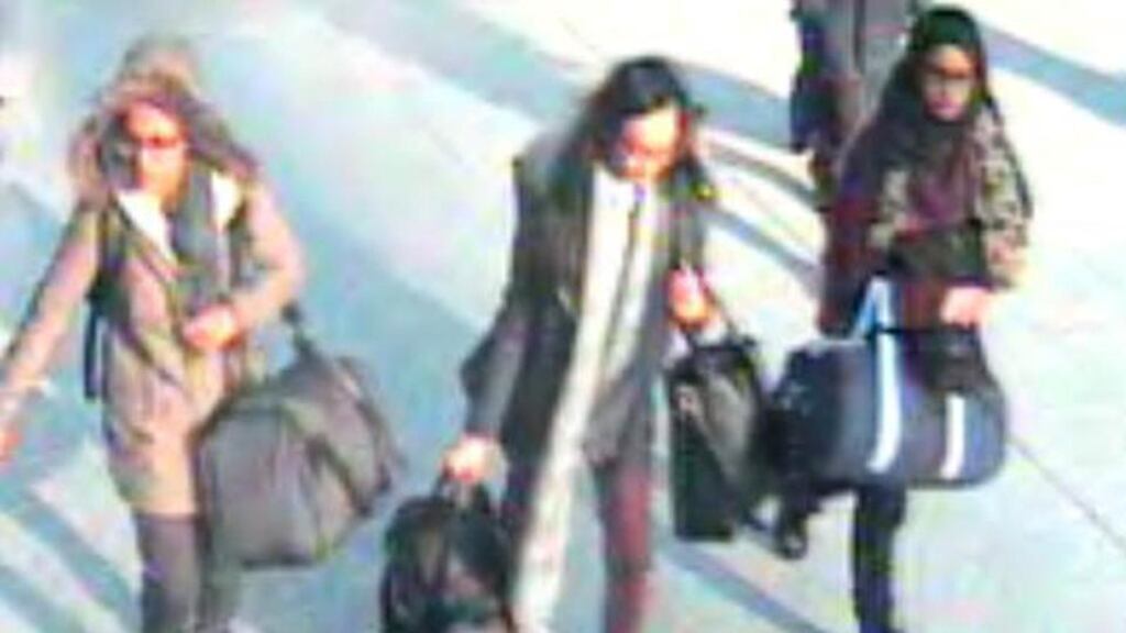 CCTV still shows (L-R) British teenagers Amira Abase, Kadiza Sultana and Shamima Begum walking with luggage at Gatwick Airport, south of London, on February 17th. Photograph: Metropolitan police/AFP/Getty Images