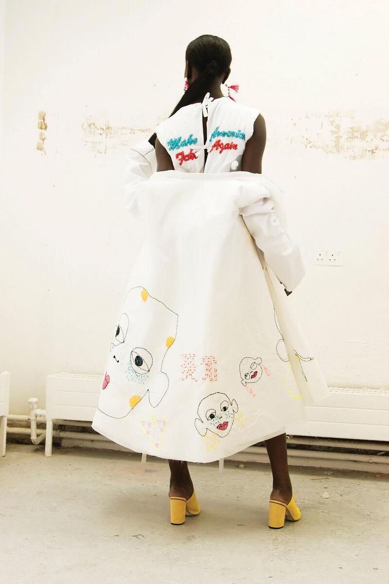 Louise Kavanagh’s slogan dresses are a visual response to “the sickening culture of consumerism”. Photograph: Dean Ryan McDaid