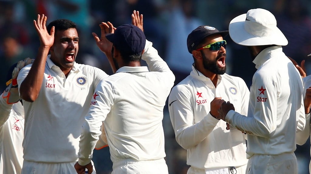 India celebrate their resounding fourth test win over England. Photograph: Reuters/Danish Siddiqui