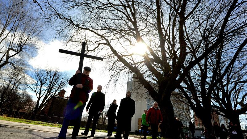An ecumenical Way of the Cross procession from the Catholic church in Rathmines to St Finian’s Lutheran church in Adelaide Road. Photograph: Cyril Byrne / The Irish Times