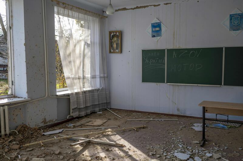 A wrecked classroom in a school in the Kherson region village of Arkhanhelske, which was until recently occupied by Russian forces. Photograph: Bulent Kilic/AFP