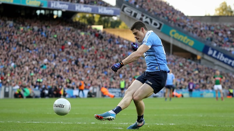 Dublin’s Diarmuid Connolly fires home a second-half penalty in the All-Ireland SFC Final replay against Mayo at Croke Park. Photograph: Ryan Byrne/Inpho