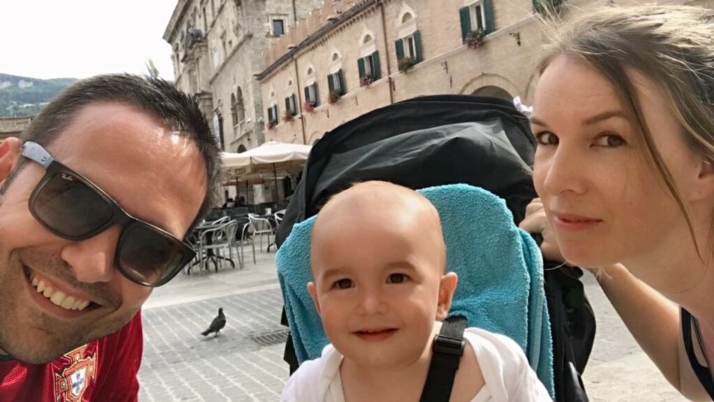 Lora Ellard with her husband Luca Di Claudio and 15 month-old half-Irish/half-Italian baby Rían Di Claudio in Rome.