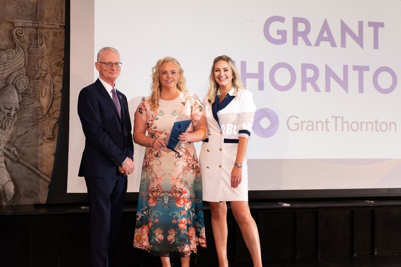 Ian Talbot, CEO of Chambers Ireland, Sharon Scanlan, partner at Grant Thornton and Anna Daly, MC of the awards. Photographer: Ruben Morrissey-Fernandez/Ruby Productions