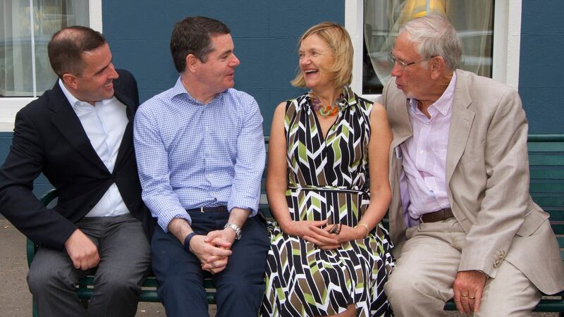 From left: Martin Shanahan (CEO, IDA), Minister for Finance Paschal Donohoe, Prof Brigid Laffan (director Shumann Institute) and Joe Mulholland enjoy the sunshine at the MacGill Summer School in Glenties, Co Donegal. Photograph: North West Newspix