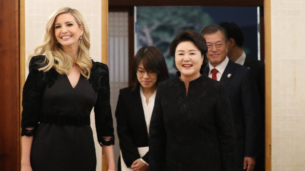 Ivanka Trump, daughter of US president Donald Trump, with South Korean president Moon Jae-in (back) and first lady Kim Jung-sook (front) at the presidential office Cheong Wa Dae in Seoul on Friday. Photograph: EPA/Yonhap