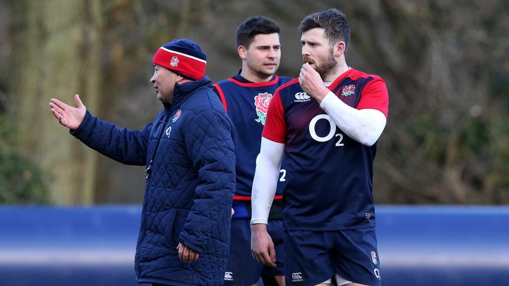 Elliot Daly (right) with England coach Eddie Jones during training session held at Pennyhill Park on Tuesday. Photograph: by David Rogers/Getty Images