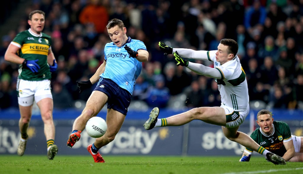 Dublin’s Con O’Callaghan scores the first of his three goals past Kerry goalkeeper Shane Ryan during the Allianz Football League Division One game at Croke Park. Photograph: Ryan Byrne/Inpho