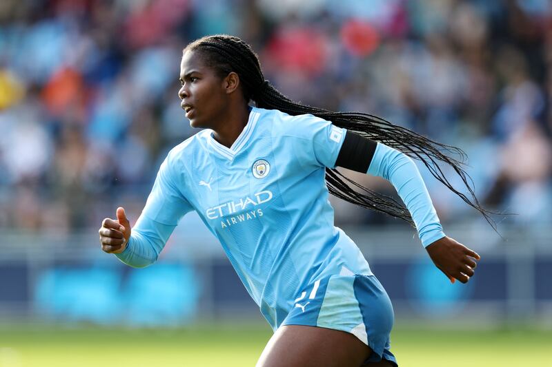Khadija Shaw of Manchester City looking a lore more lively that whoever it was at Manchester City who was supposed to send off her visa application Photograph: Matt McNulty/Getty Images