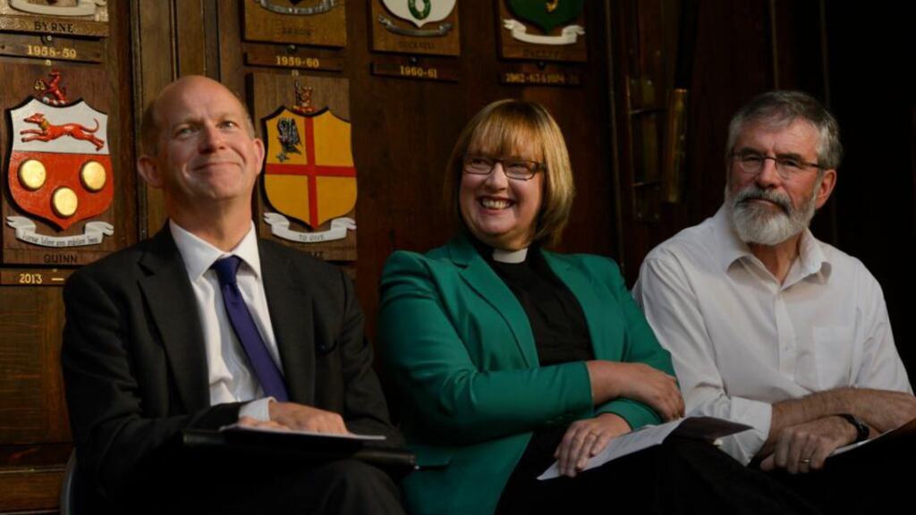Brittish Ambassador to Ireland Dominic Chilcott, Rev Dr Heather Morris (former President Methodist Church in Ireland) and Sinn Féin leader Gerry Adams TD at the Mansion House, Dublin during the launch of the book Uncomfortable Conversations, an initiative for dialogue towards reconciliation. Photograph: Brenda Fitzsimons/The Irish Times