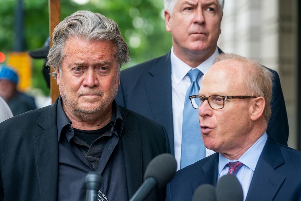 Steve Bannon, former adviser to former US president Trump, with attorney David Schoen outside the Federal Courthouse in Washington, DC. Photograph: Shawn Thew/EPA