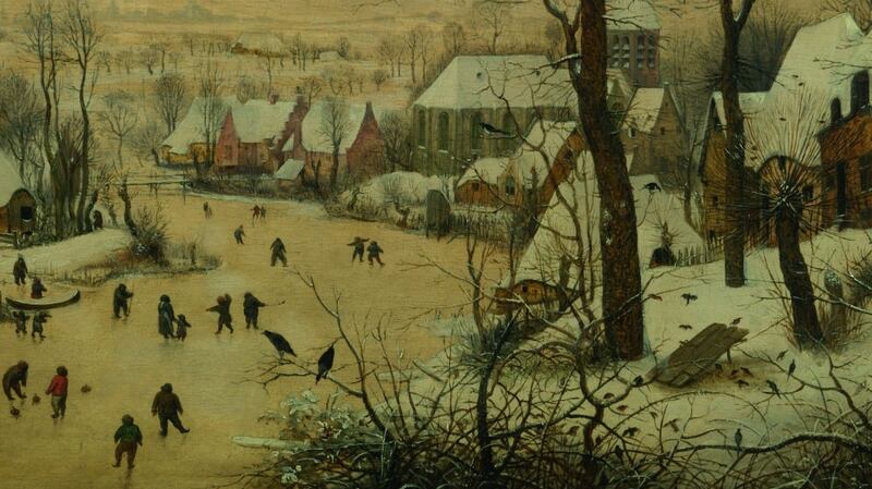 Winter scenes of town life are another of Bruegel’s themes, and his panel painting Winter Landscape with Skaters and a Bird Trap, is also on show in Brussels
