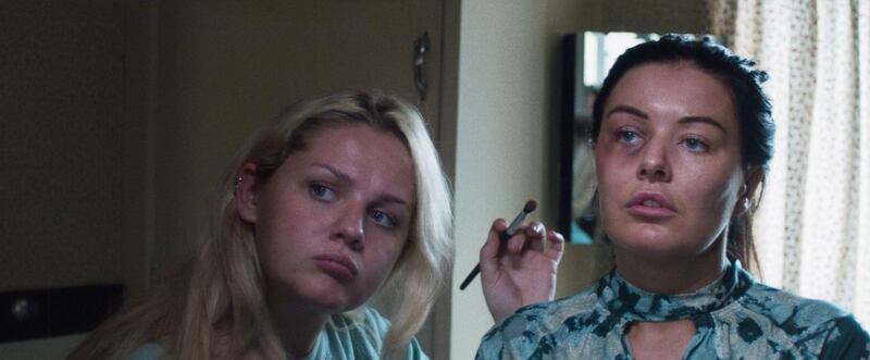 Makeup artist Abbey O’Reilly with Jolene Burns in The Flats, directed by Alessandra Celesia