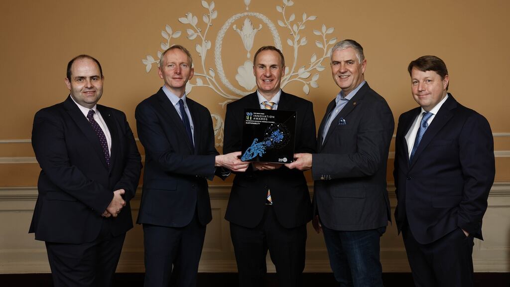 Edmond Harty (judging chair), Dave Flynn (Skillnet Ireland), Andy Leyland, Paul Mulvaney (Group Managing Director at The Irish Times) and Ciarán Hancock (Business Editor).