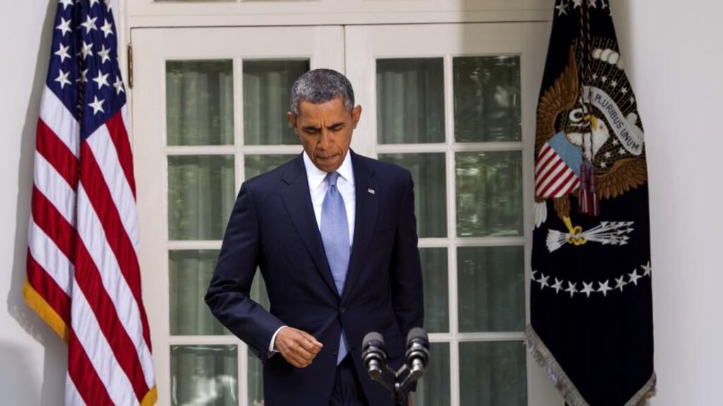 US president Barack Obama arrives to deliver a statement on Syria in the Rose Garden of the White House on Saturday. He changed his mind about military intervention in Syria while strolling around the White House grounds with his top adviser, chief of staff Denis McDonough, on Friday evening, NBC News said. Photograph: Kristoffer Tripplaar-Pool/Getty Images