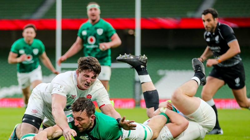 Jack Conan dives to score during Ireland’s emphatic Six Nations win over England. Photograph: James Crombie/Inpho