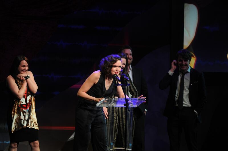 Aoibheen McCann speaks after winning the Ensemble Award. Photograph: Aidan Crawley