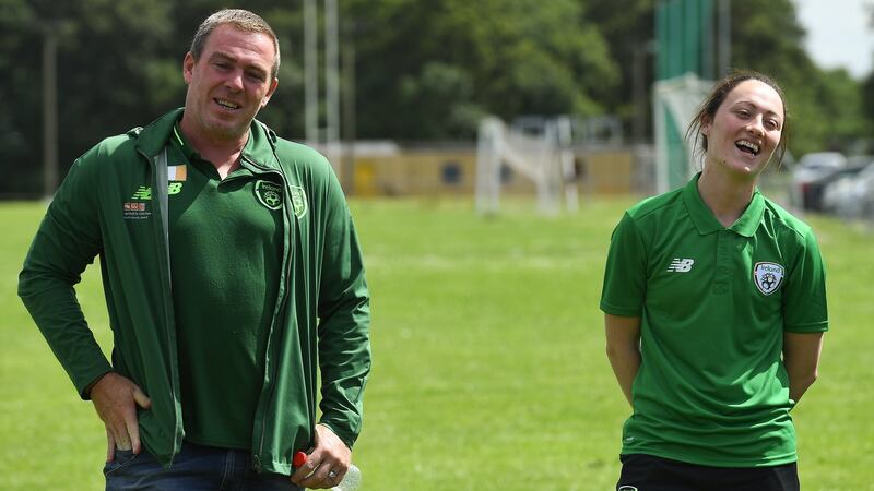 Richard Dunne and Megan Campbell during the FAI Festival of Football at Kells Blackwater FC in Kells, Co Meath. Photograph: Piaras Ó Mídheach/Sportsfile