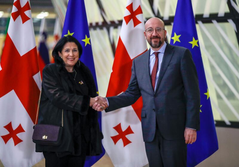 Georgia's president, Salome Zourabichvili, meets European Council president Charles Michel in Brussels last March. Photograph: Olivier Hoslet