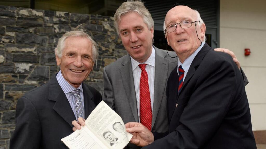 FAI Chief Executive John Delaney with Johnny Fullam (Shamrock Rovers) and goalkeeper Eamon D’Arcy (Drumcondra), members of the League of Ireland team that defeated the English football league team 2-1 in 1963 who were honoured at a Legends Lunch in Dublin. Photograph: Ray McManus/Sportsfile