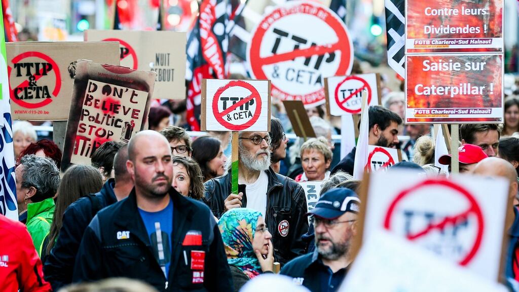 Protestors against the Transatlantic Trade and Investment Partnership and Comprehensive Economic and Trade Agreement demonstrate in Brussels on Tuesday. Photograph: Stephanie Lecocq/EPA