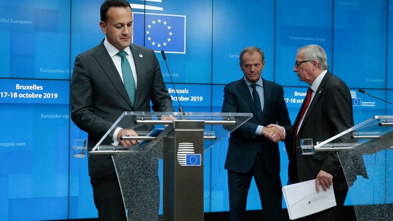 Taoiseach Leo Varadkar, president of the European Council Donald Tusk and outgoing president of the European Commission Jean-Claude Juncker. Photograph: Olivier Hoslet/EPA