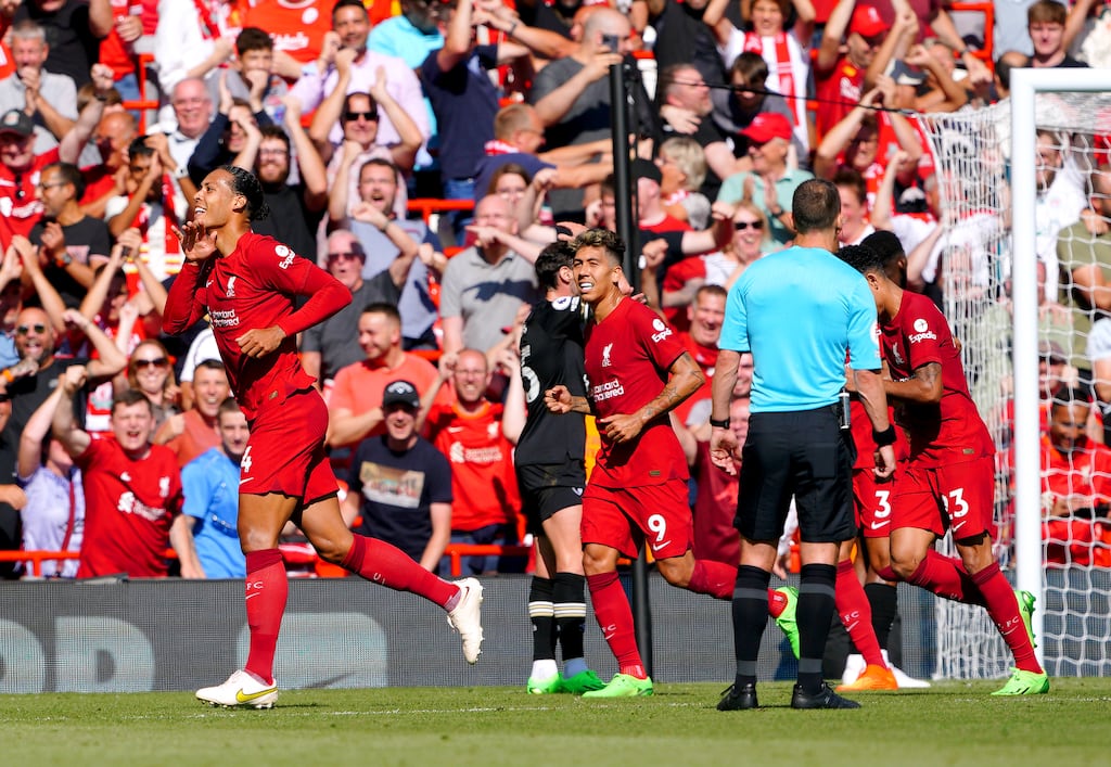 Liverpool's Virgil van Dijk celebrates scoring his side's fifth goal at Anfield. Photograph: PA