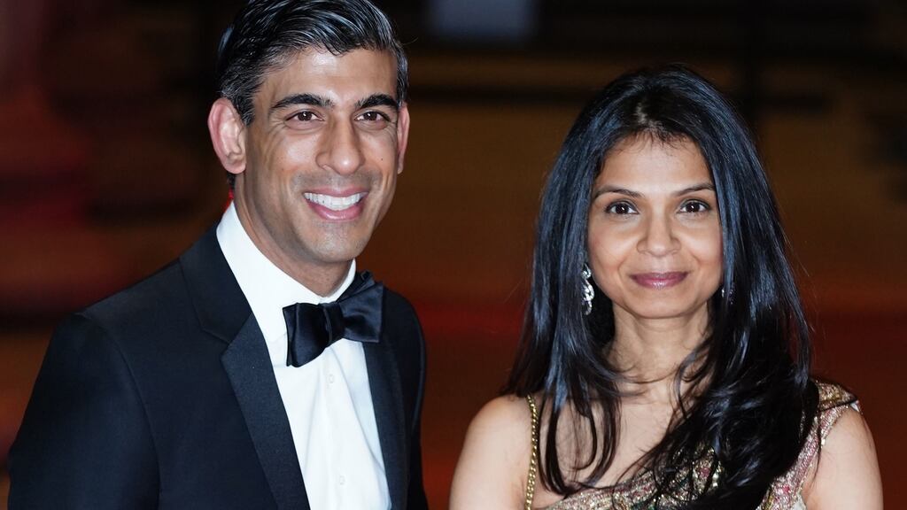 Incoming British prime minister Rishi Sunak and his wife Akshata Murty, who owns almost 1 percent of the technology company Infosys. Photograph: Ian West/PA Wire