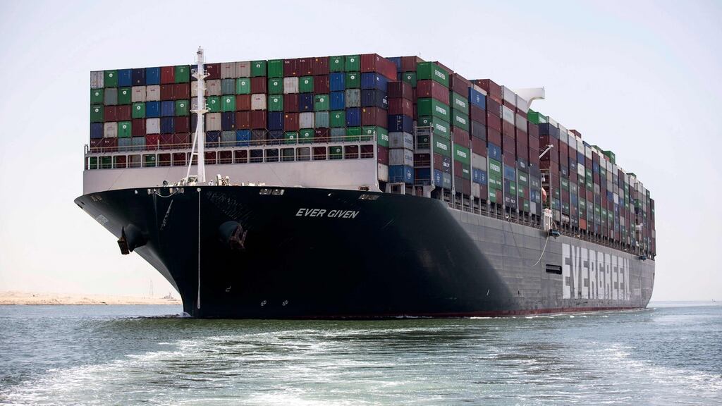 The Panama-flagged MV Ever Given container ship sailing along Egypt’s Suez Canal near the canal’s central city of Ismailia on Wednesday. Photograph: Getty Images