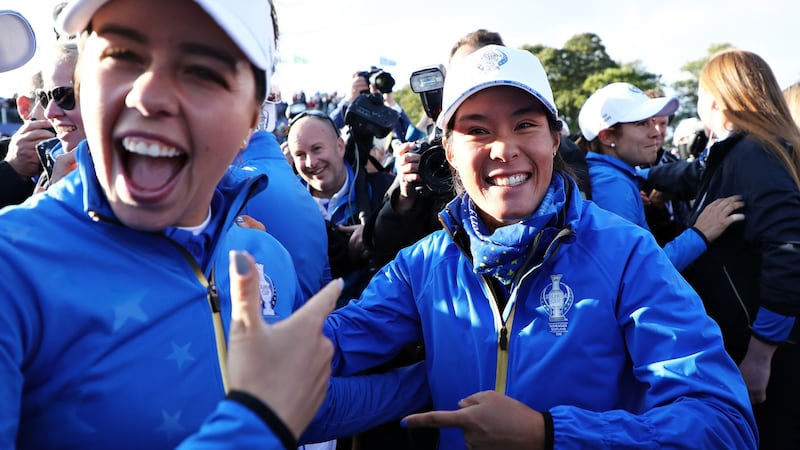 Celine Boutier (right) and Georgia Hall celebrate at Gleneagles in 2019. Photograph: Jamie Squire/Getty Images