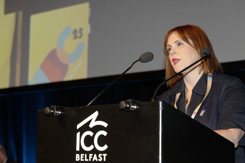 Sally Rees of the National Association of Schoolmasters Union of Women Teachers speaking at the Ictu conference. Photograph: Kevin Cooper/Photoline