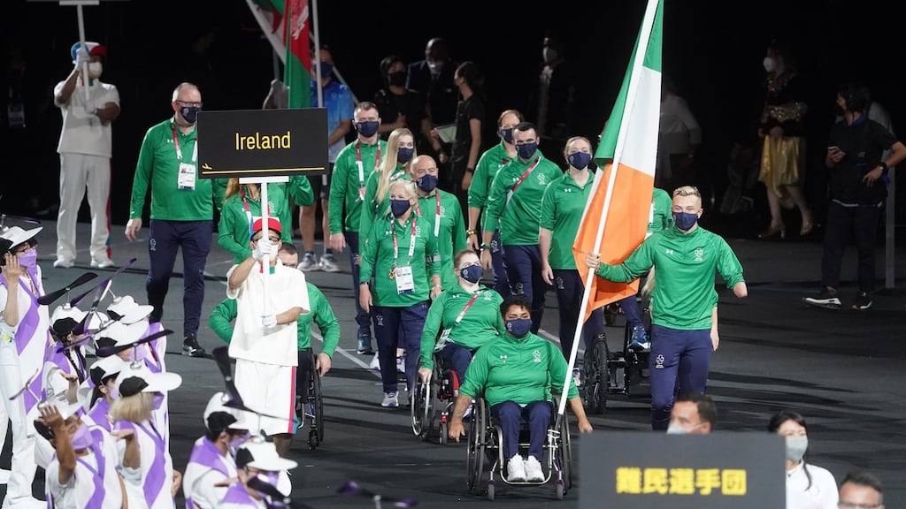 Jordan Lee and Britney Arendse carry the Irish flag during Tuesday’s Opening ceremony in Tokyo. Photograph: PA